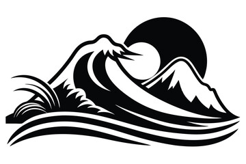 Bold black wave crests before a silhouetted sun amidst rolling water surfaces in monochrome