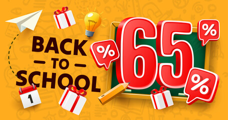 Back to School special offer, Sale 65 percent. Vector illustration 