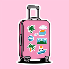 Pink Travel Suitcase with Vacation Stickers Illustration