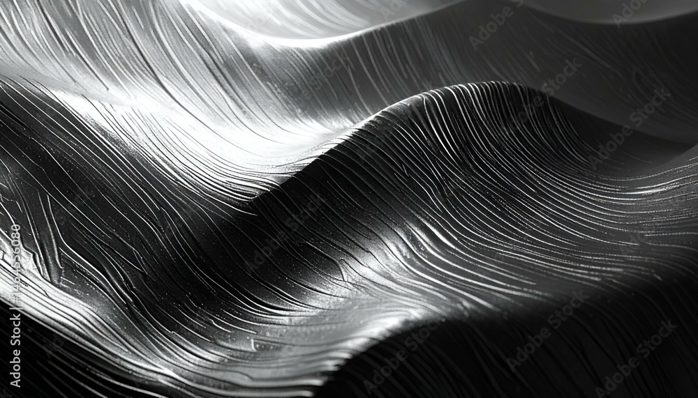 Poster abstract black and white image of a textured surface with wavy lines and patterns, reminiscent of wo