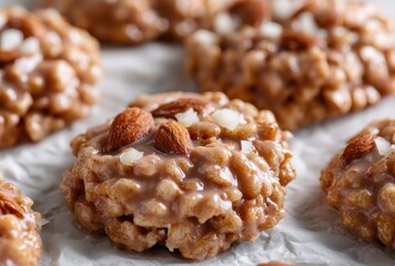 Delicious homemade rice treats topped with crunchy almonds, drizzled with sweet glaze, perfect for a festive snack or dessert occasion with a delightful texture
