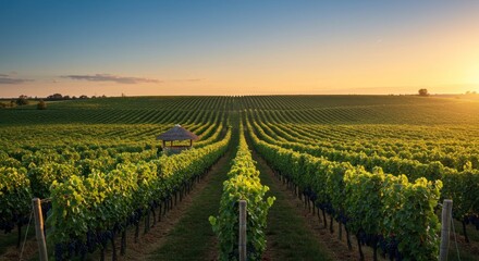 Fototapeta premium A tranquil vineyard in the morning, with dewy grapevines stretching over gentle hills, bathed in warm golden light under the rising sun.