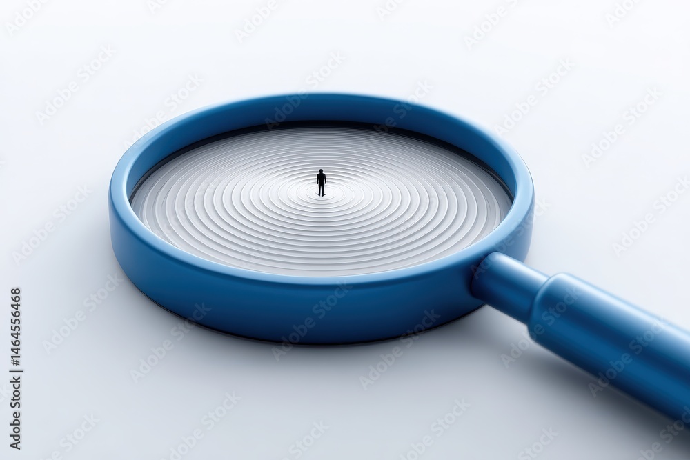 Poster a small figure standing in the center of concentric circles inside a large magnifying glass symboliz