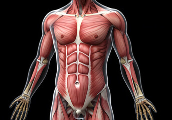 Detailed Anatomy Illustration of Male Muscular System: Upper Body Torso, Chest, Abdomen, and Arms Muscles