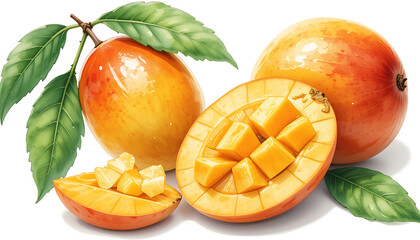 Realistic watercolor-style illustration of ripe mangoes with green leaves, including sliced and cubed pieces on a white background.