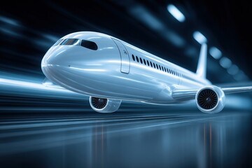 Fototapeta premium Sleek futuristic airplane soaring through dynamic light trails illustrating advanced aviation technology and contemporary design concepts captured with clarity