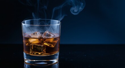 AI image a glass of rich amber whiskey on ice, with mysterious smoke swirling elegantly against a dark, moody background.