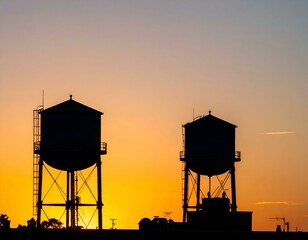 Silhouetted water towers at sunset. A stunning image depicting two water towers against a vibrant orange and yellow sunset sky.