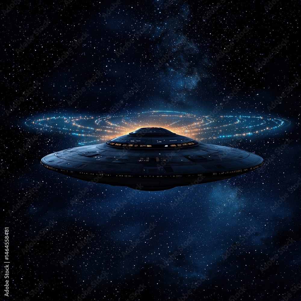 Poster futuristic spaceship flying through a starry night sky, creating a stunning visual in deep space