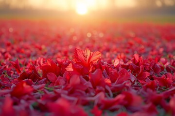 Crimson petals carpet the field at sunrise.
