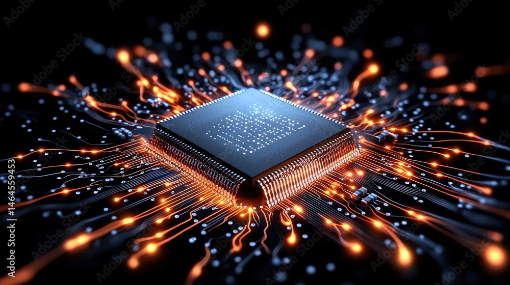 Poster cpu chip surrounded by flames erupting from its surface symbolizing overheating and performance issu