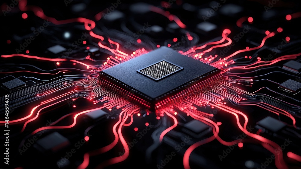 Poster circuit board with red lights illuminating the path of electrical flow and connectivity in technolog