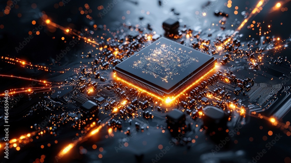 Poster close-up of a computer chip showcasing intricate details and precision engineering in modern technol