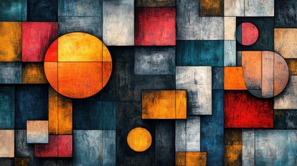 A visually striking Cubism-style background with abstract geometric patterns, layered textures, and contrasting vibrant and muted tones 