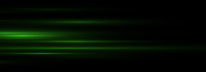 green Laser Beams and Horizontal Light Glare. Bright Flash and Speed Lines with Shine Overlay Effect. Futuristic Glowing Light Trails in  on Transparent Background for Graphic Design