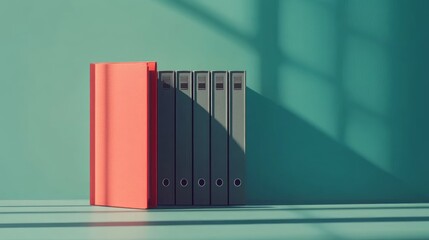 Red Binder Among Black Files On Teal Background