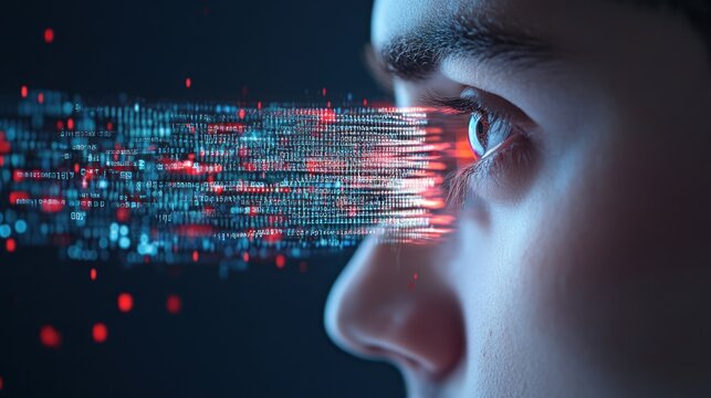 Human eye with binary code data stream digital technology concept