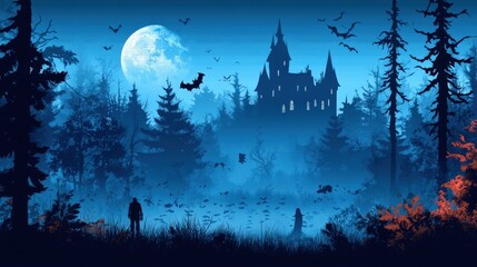 Fototapeta premium Mysterious castle and forest under a luminous moon.