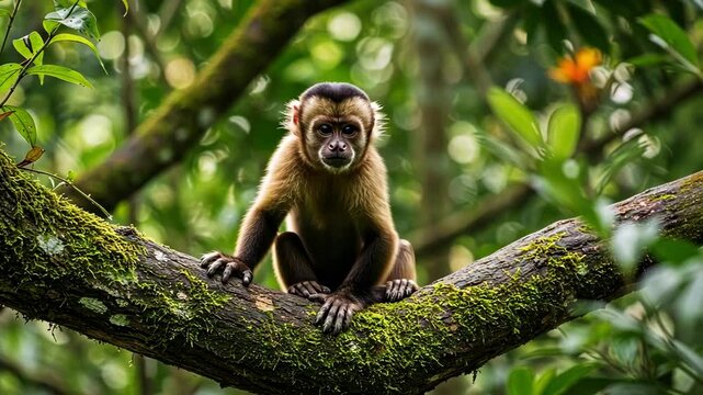 Capuchin monkey resting on a mossy branch