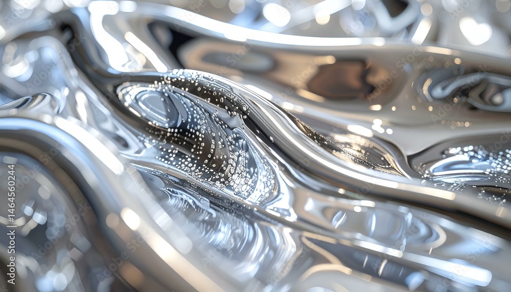 Poster abstract image of flowing liquid metal with light reflections and water droplets. perfect for backgr