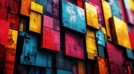 Fototapeta premium A vibrant Cubist-style background filled with colorful blocks and textured lines 