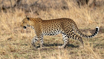 Obraz premium Majestic leopard walking through tall savanna grass.