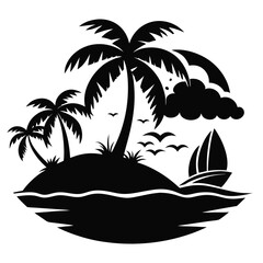 Silhouette palm trees and sailboat create an island paradise in black and white