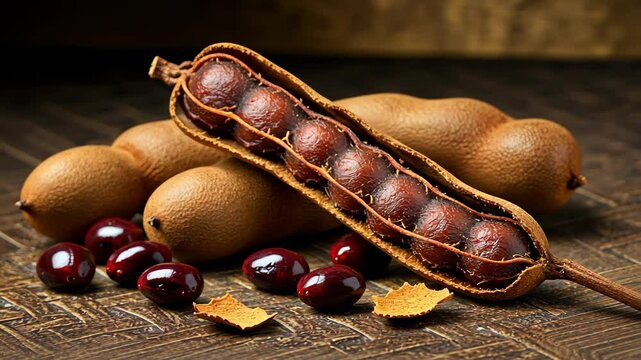 Macro of fresh tamarind on wooden background