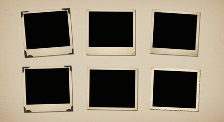 AI image: Six blank vintage photo frames with photo corners on a textured paper background, suggesting nostalgia and memories.