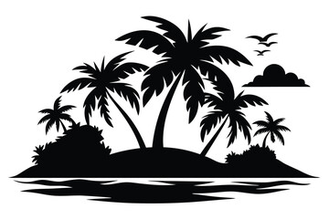 A silhouette of a tropical island features palm trees, ocean, cloud and flying birds