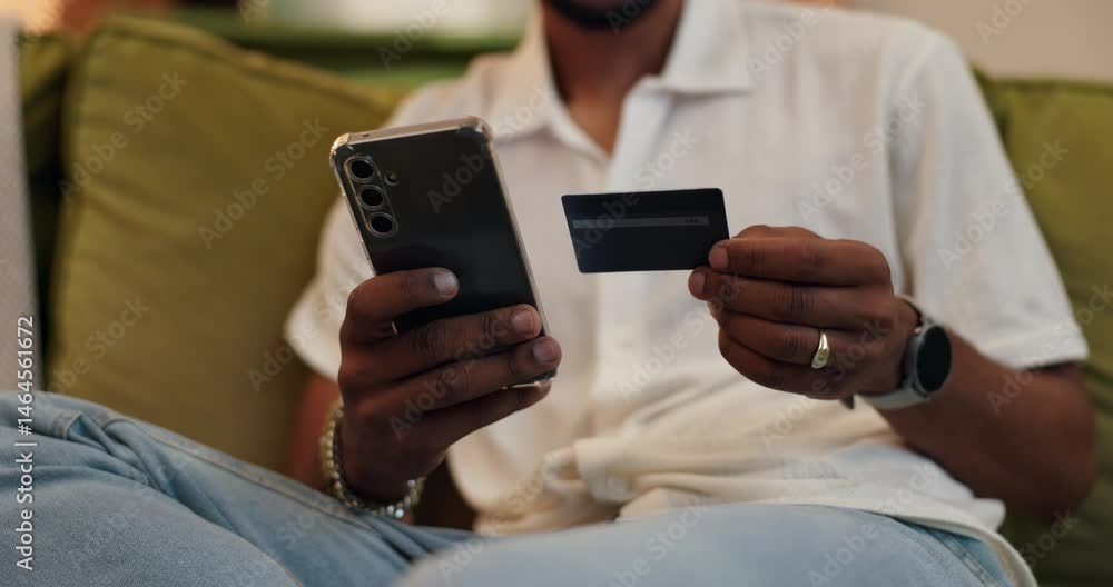 Aufkleber hands, smartphone and credit card for ecommerce in home, relax on sofa with online shopping or subsc