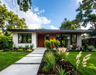 Fototapeta premium Modern house exterior, landscaping, walkway, lawn, plants, trees, sunny day.