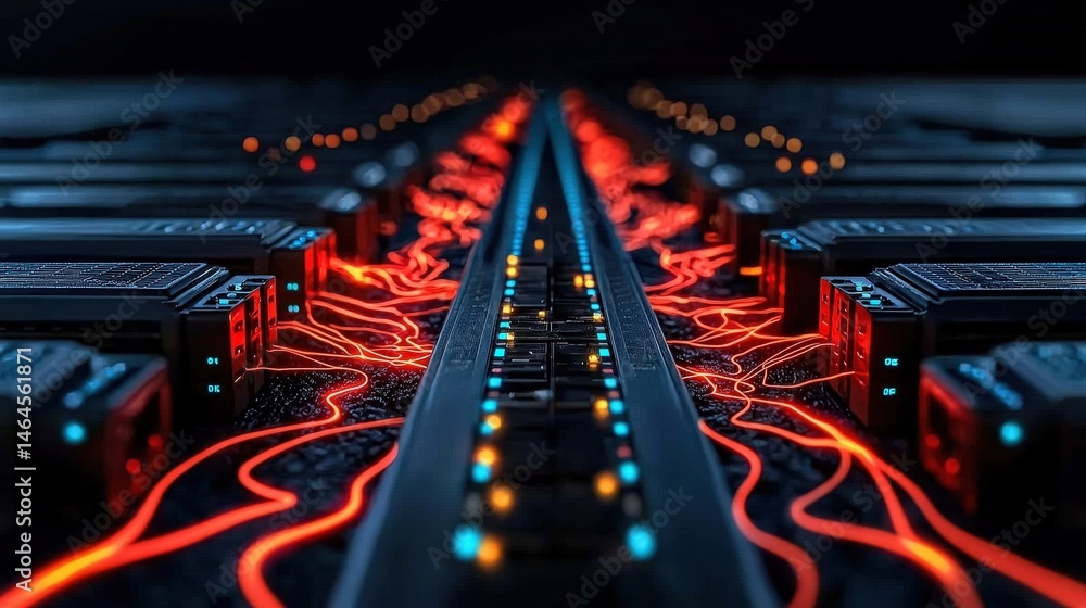 Poster computer displaying striking red and blue lights creating a unique aesthetic and high-tech atmospher