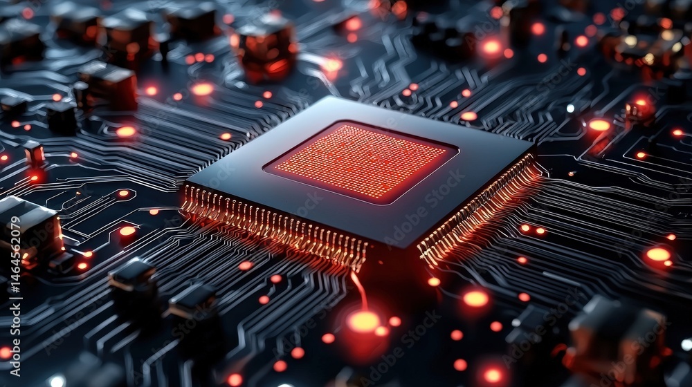 Poster cpu chip positioned on a circuit board showcasing advanced technology and computer engineering