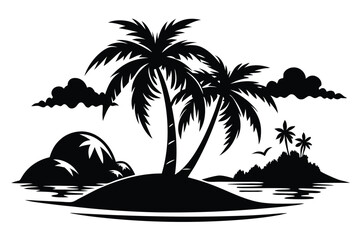 Black silhouette of palm trees on an island creates a tropical paradise scenery