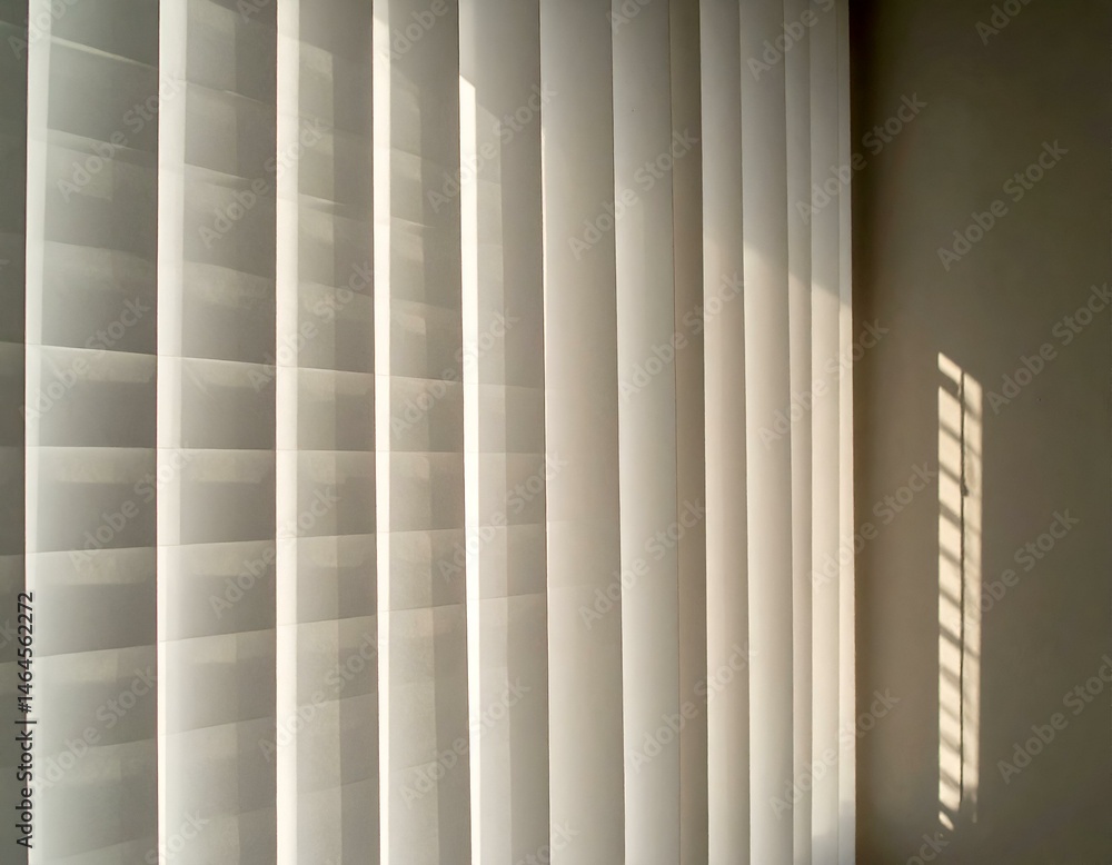 Poster sunlit vertical blinds. abstract interior design with light and shadow patterns cast on cream-colore