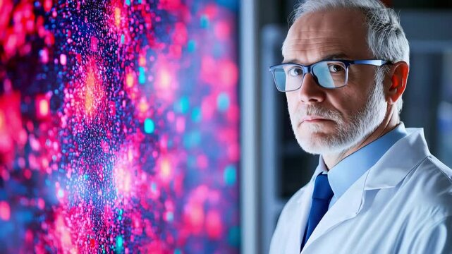 A scientist in a lab coat studies a vibrant digital display filled with colorful data points and visualizations.