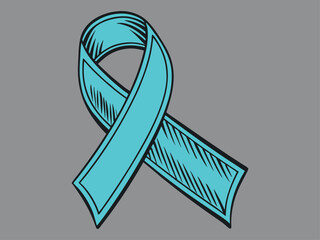 Hand-drawn teal awareness ribbon on a gray background. awareness ribbon, teal ribbon, awareness, support, hope, solidarity, empathy, mental health, cancer awareness, hand drawn, graphic, illustration,