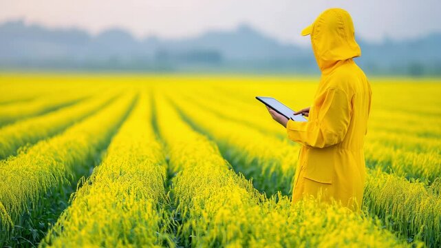 A person in a yellow raincoat uses a tablet while standing in a vibrant yellow flowering field with neat rows.