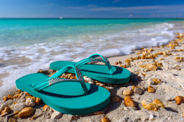 Obraz premium Teal flip flops resting on sandy beach, with gentle waves lapping at shore, evoke sense of relaxation and summer bliss