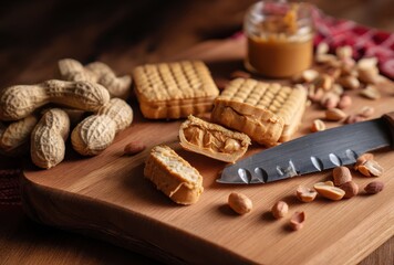 Delicious Peanut Butter Treats on Wooden Board with Peanuts and Knife, Natural Ingredients and Cozy Kitchen Setting, Perfect for Food Photography