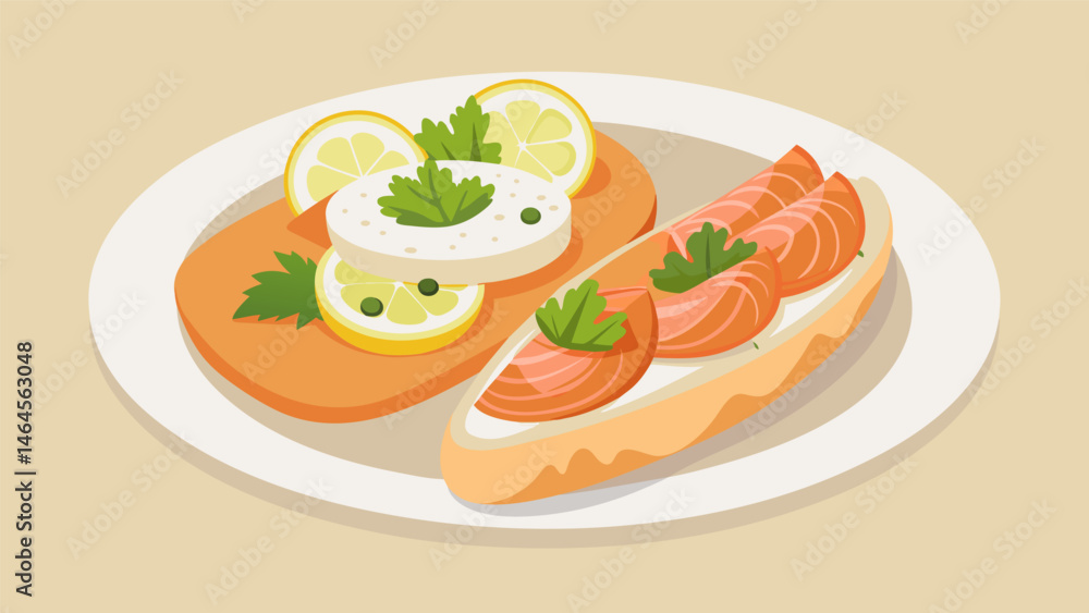 Poster a platter of smoked salmon paired with a selection of cream cheese capers and thinly sliced baguette