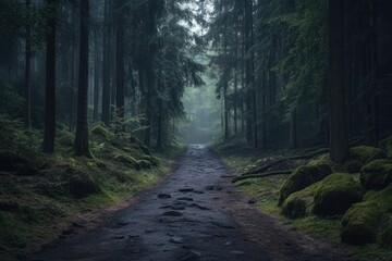 Obraz premium Misty forest path, shrouded in a mystical atmosphere