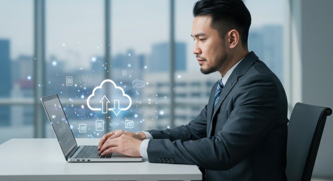 Businessman working on laptop with cloud icon
