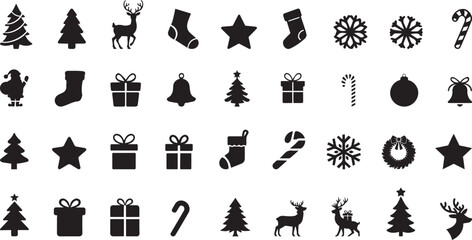 Collection of Black Christmas Icons on a White Background