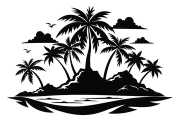 Black silhouette shows tropical island with palm trees, birds, and peaceful ocean