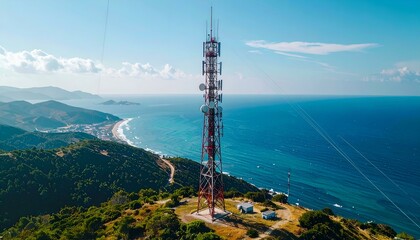 Obraz premium Coastal Telecommunication Tower. A tall telecommunications tower stands on a hill overlooking a scenic coastline, under a vibrant blue sky.