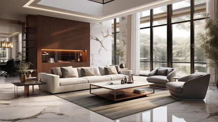 Modern Luxury Living Room Beige Sofa Marble Floor Lake View