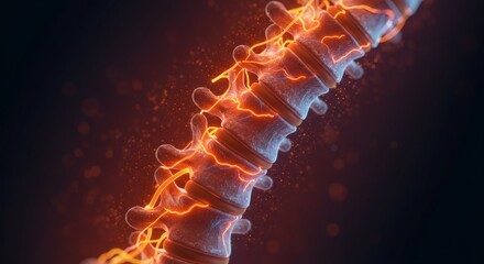 AI image X-ray view of human torso with spine highlighted in glowing orange, illustrating skeletal anatomy, back pain, or medical diagnosis.