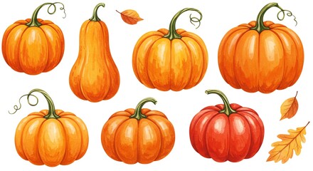Pumpkins and autumn leaves illustration